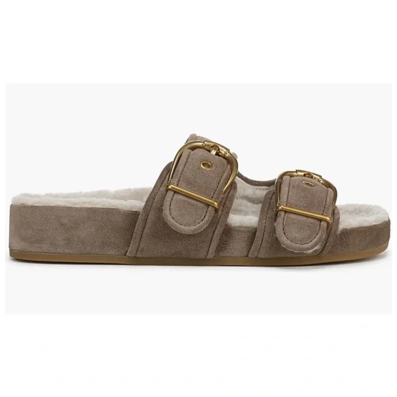 Veronica Beard Prue Shearling Lined Ecru Suede slide sandals NWT - Picture 2 of 10